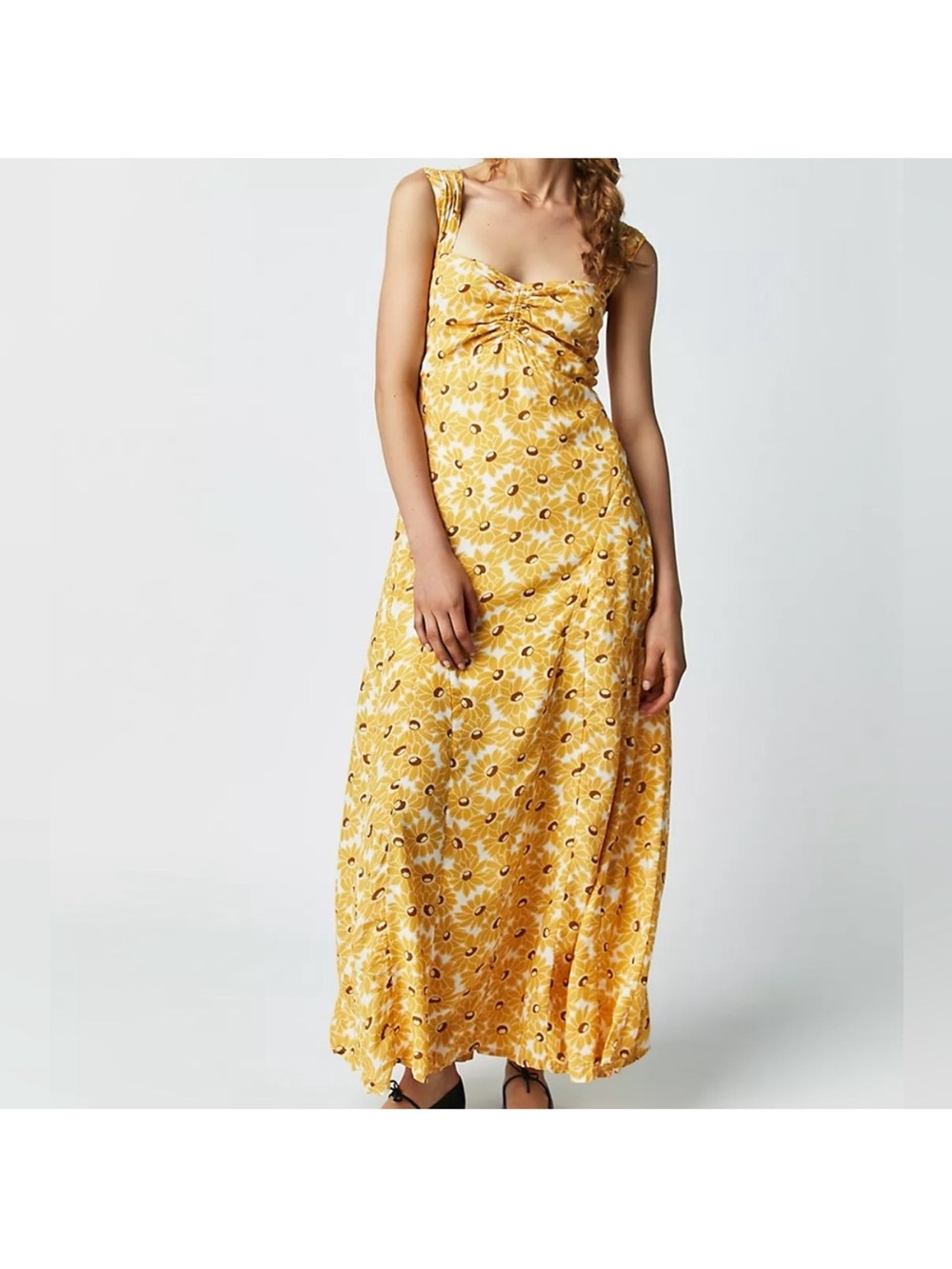 Free People Rosalee midi dress yellow combo sunflowers size XS